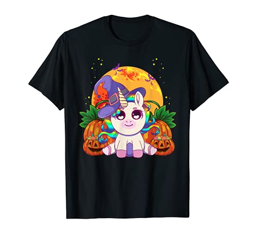 Halloween Calabaza Dulce Unicornio Mujer Sombrero De Bruja Camiseta