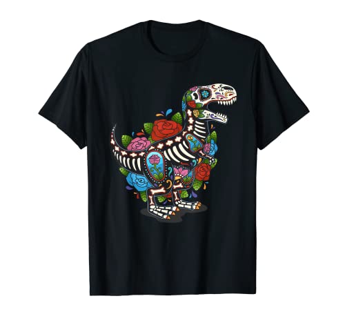 T Rex Dino Sugar Skull Mexico Calavera Dia De Los Muertos Camiseta