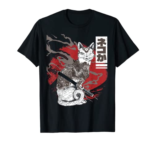Tatuaje de gato ninja samurái japonés para amantes de los kawaii Camiseta