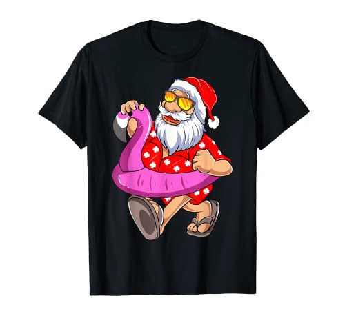 Papá Noel Con Flotador Flamenco Gafas De Sol Navidad Camiseta