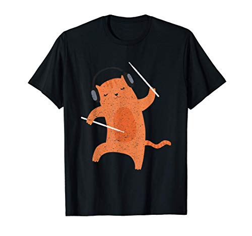 Rockero Gato Animal Baterista Baquetas De Batería Drummer Camiseta